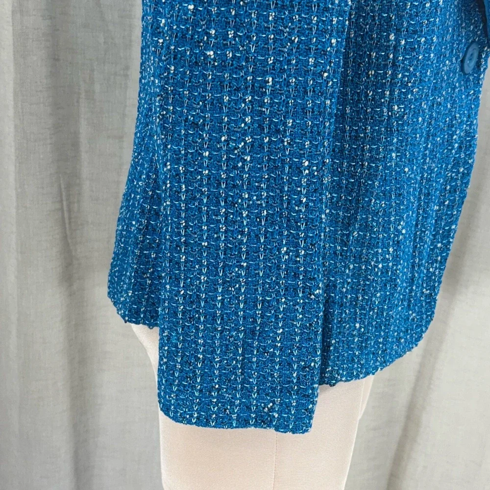 ST. JOHN Knits Boucle Tweed Blazer Wool Blend Stretch Blue White Jacket Size 10 - Picture 9 of 13